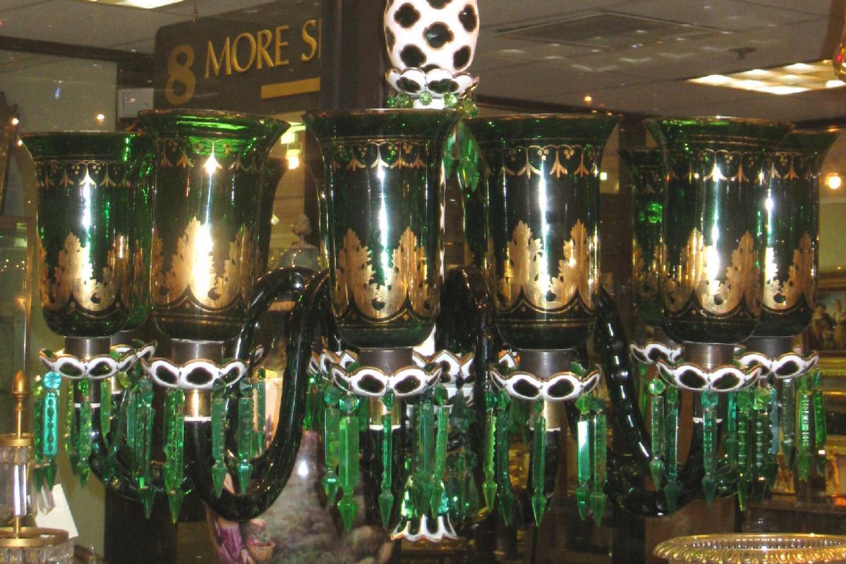 English Parcel Gilt Green Glass Chandelier for Islami or Moghul Indian Market
