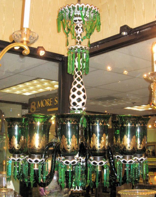 English Parcel Gilt Green Glass Chandelier for Islami or Moghul Indian Market