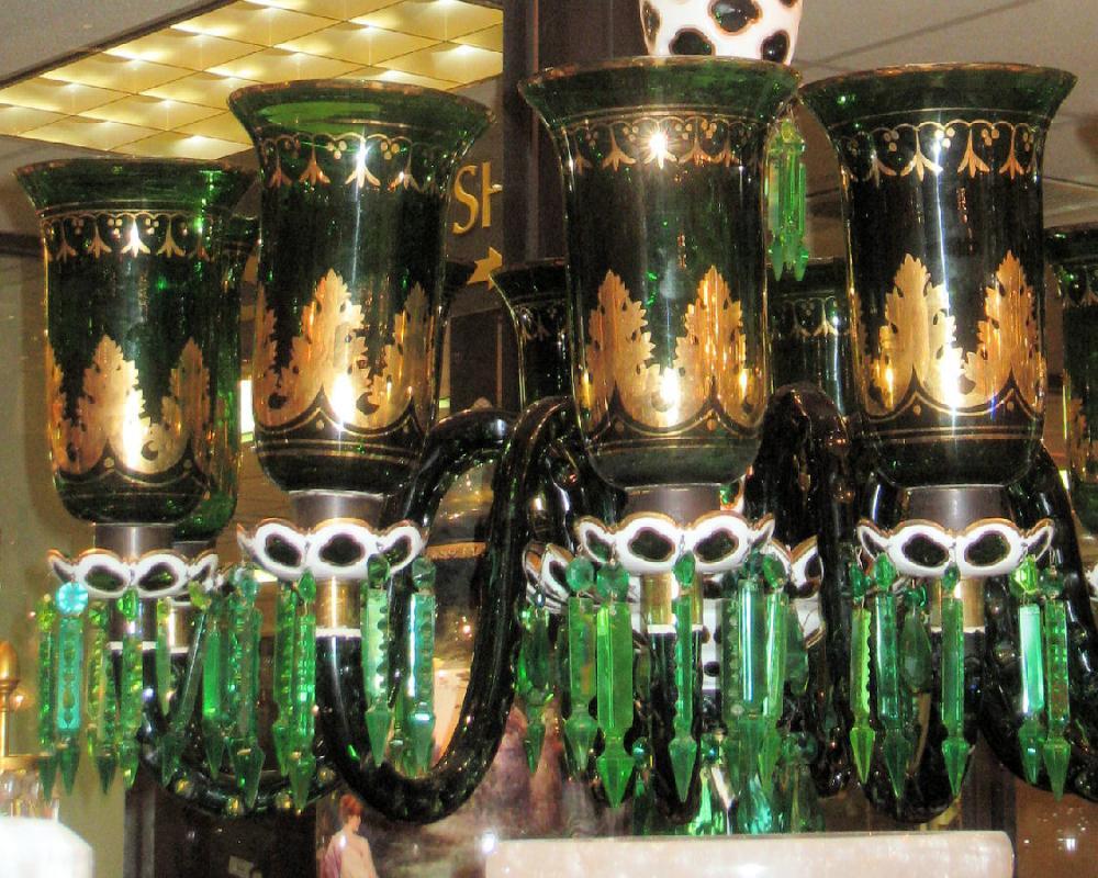English Parcel Gilt Green Glass Chandelier for Islami or Moghul Indian Market
