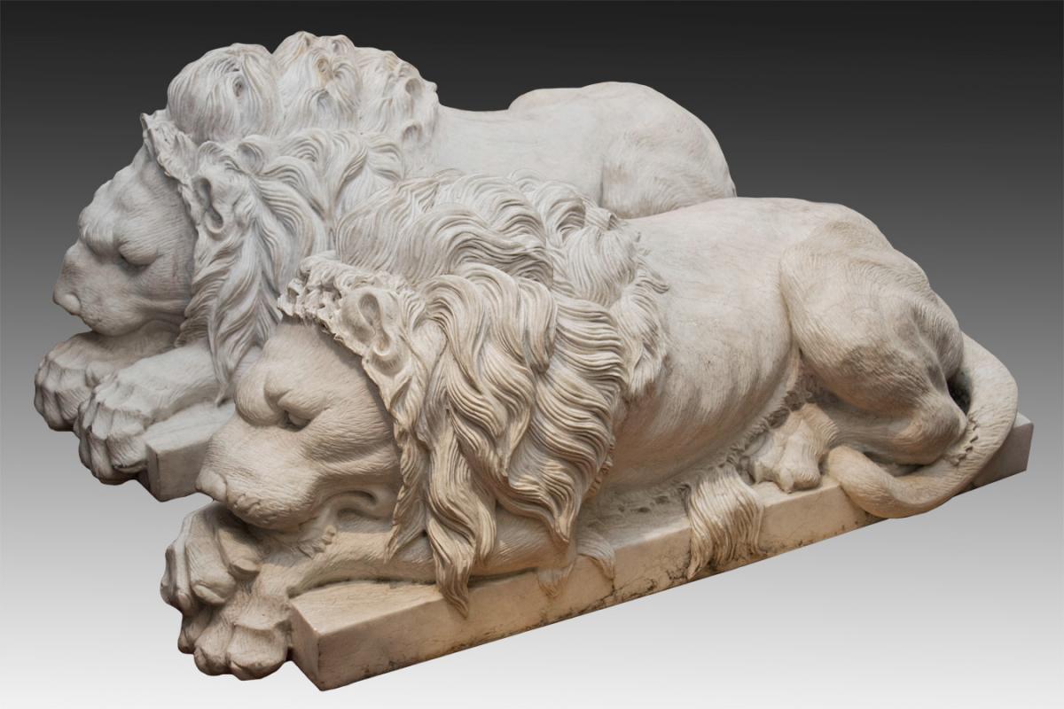Pair Antique Marble Lion Sculptures After Antonio Canova