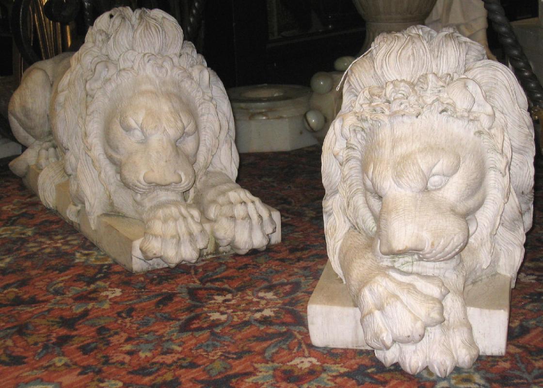 Pair Antique Marble Lion Sculptures After Antonio Canova