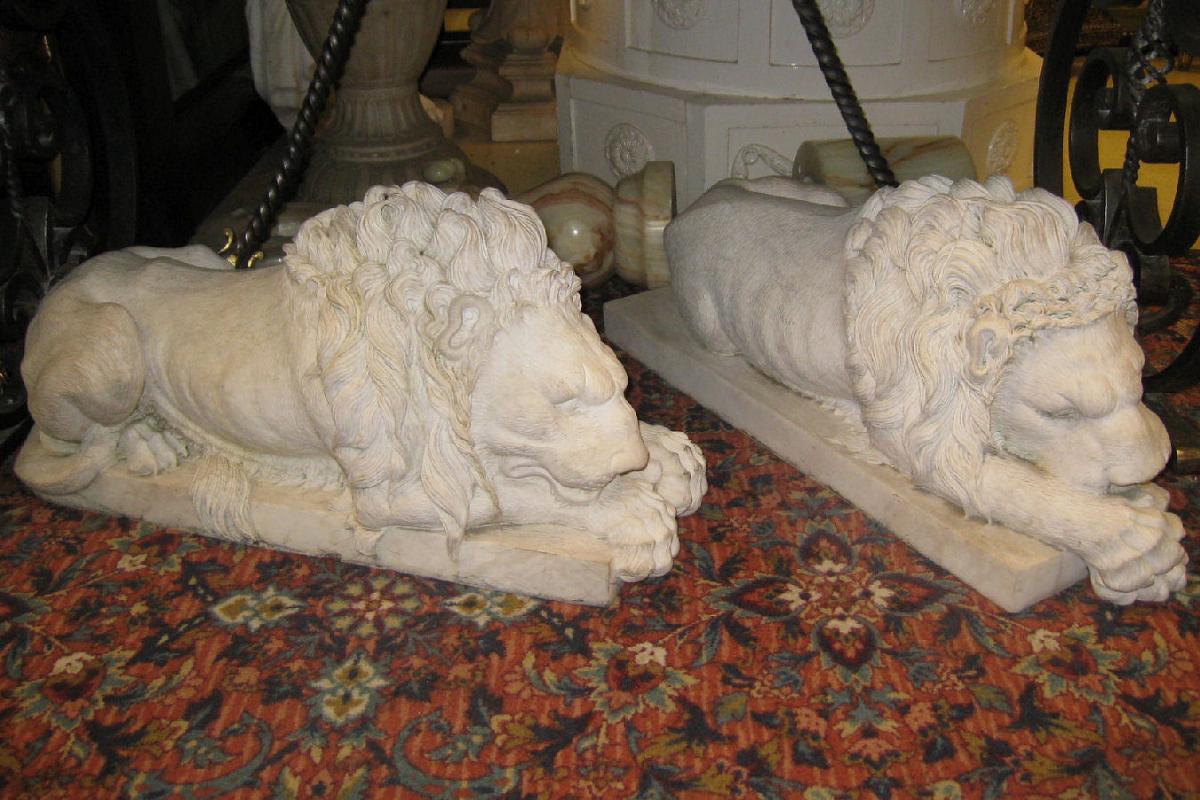 Pair Antique Marble Lion Sculptures After Antonio Canova