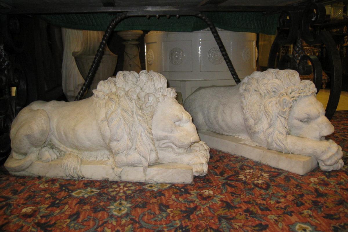 Pair Antique Marble Lion Sculptures After Antonio Canova