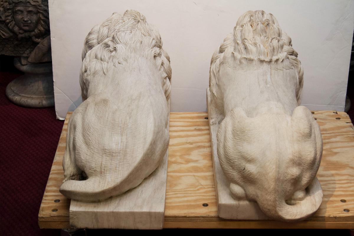 Pair Antique Marble Lion Sculptures After Antonio Canova