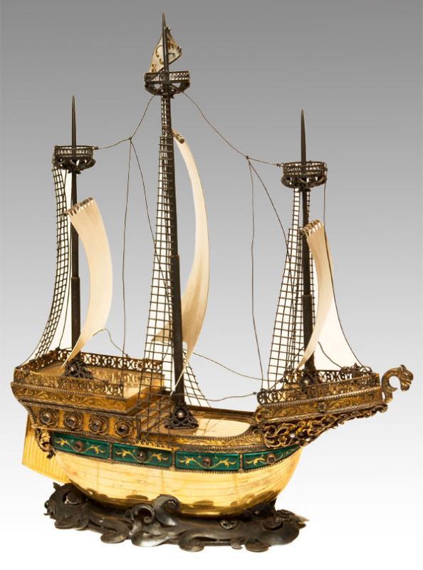 Austrian Hungarian Gilt Silver & Enamel Galleon Nef Ship