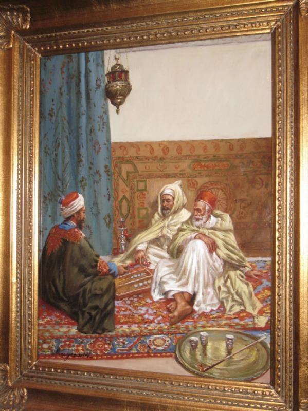 Orientalist Porcelain Plaque Arab Gentlemen Playing Backgammon After Margetson