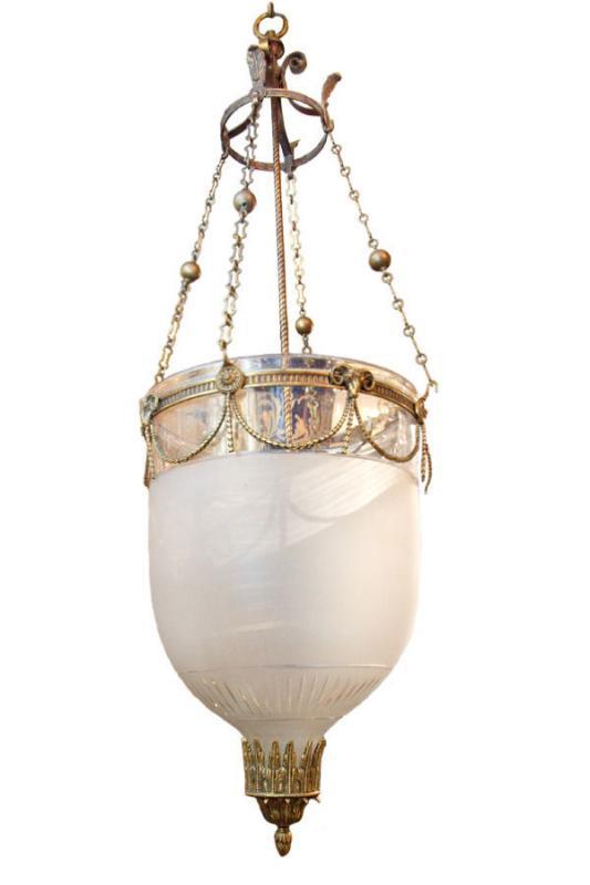Antique English Regency Style Bronze Bell Jar Glass Lantern Chandelier