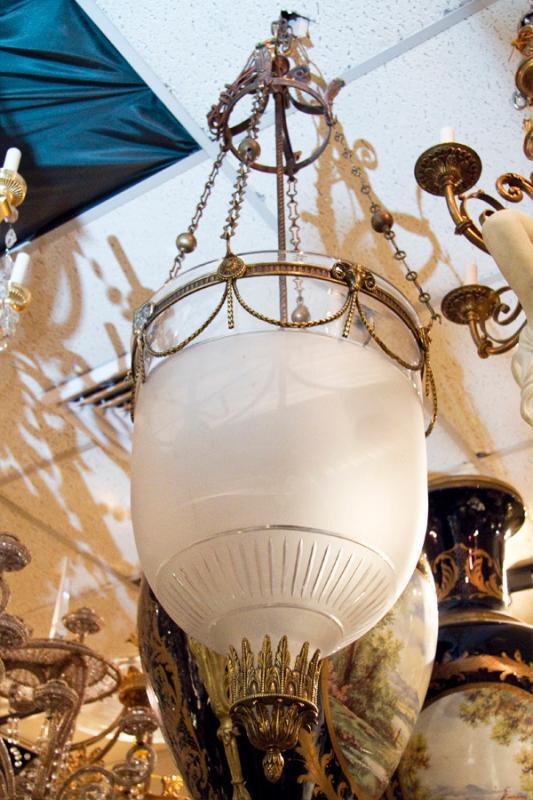 Antique English Regency Style Bronze Bell Jar Glass Lantern Chandelier