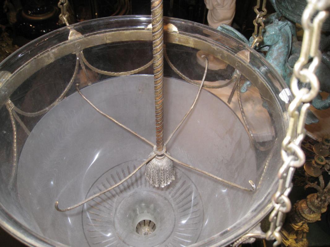 Antique English Regency Style Bronze Bell Jar Glass Lantern Chandelier