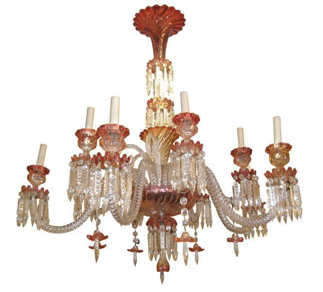 Rare Baccarat Rose Tiente Red & Amber Glass Chandelier