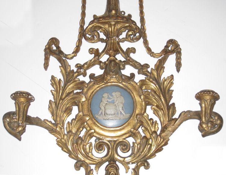 Pair of English Regency Giltwood Sconces with Wedgwood Jasperware Medallions