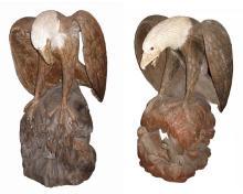 Pair Monumental Antique Japanese Meiji Carved Wooden Bald Eagle Sculptures