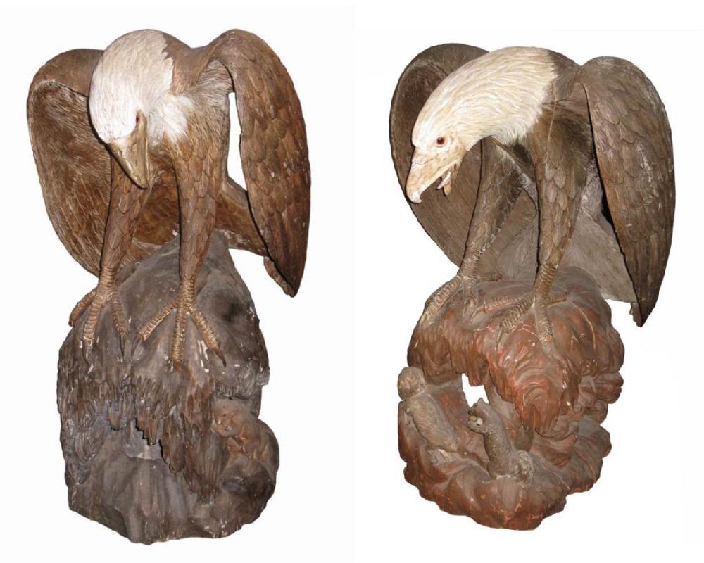Pair Monumental Antique Japanese Meiji Carved Wooden Bald Eagle Sculptures