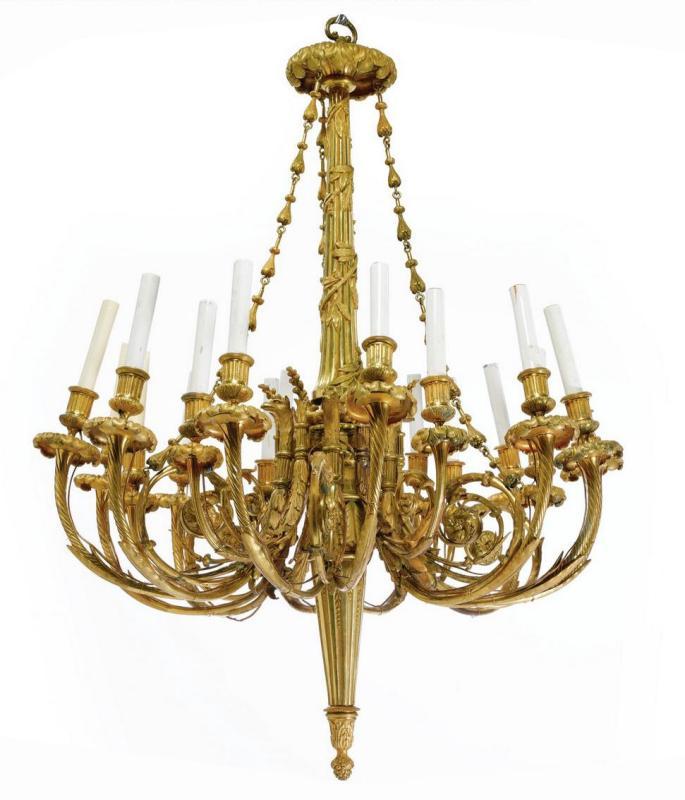 Louis XVI Style 18-Light Ormolu Bronze Chandelier After Pierre Gouthière