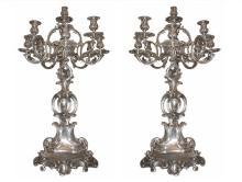 Pair Antique Silvered Bronze French Rococo Louis XV Style Candelabra