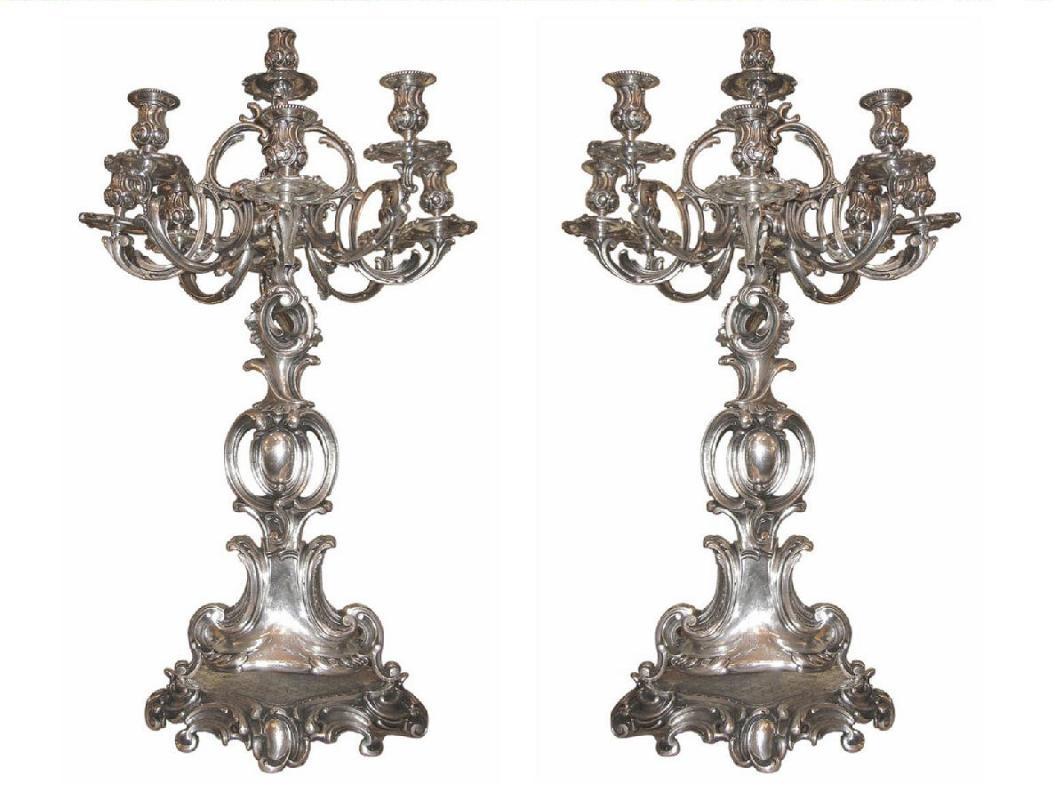Pair Antique Silvered Bronze French Rococo Louis XV Style Candelabra