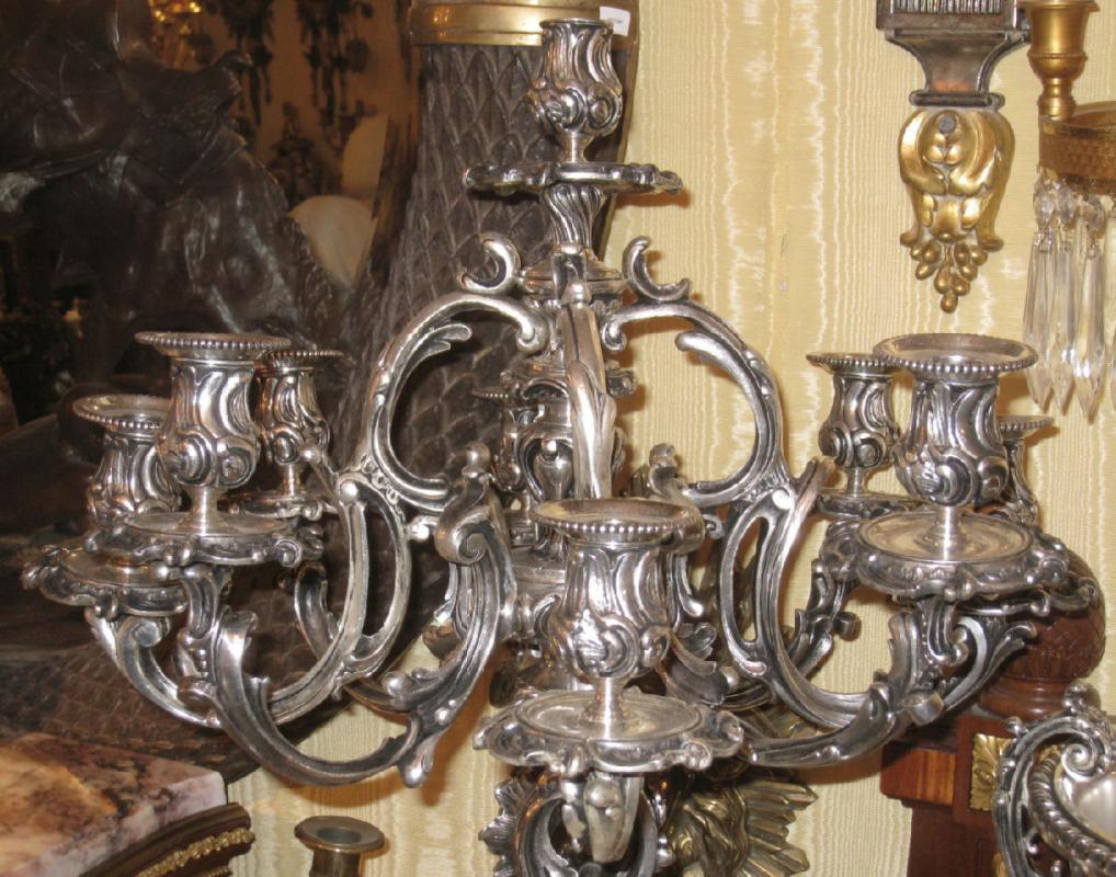 Pair Antique Silvered Bronze French Rococo Louis XV Style Candelabra