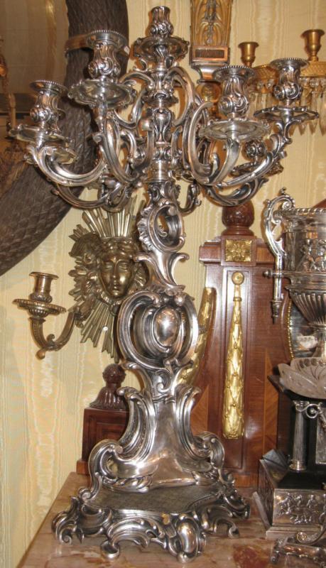 Pair Antique Silvered Bronze French Rococo Louis XV Style Candelabra