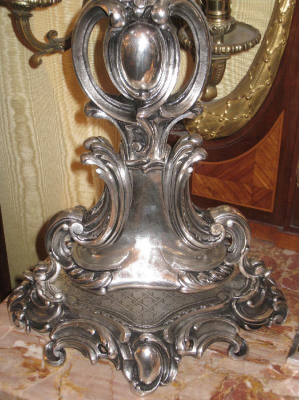 Pair Antique Silvered Bronze French Rococo Louis XV Style Candelabra