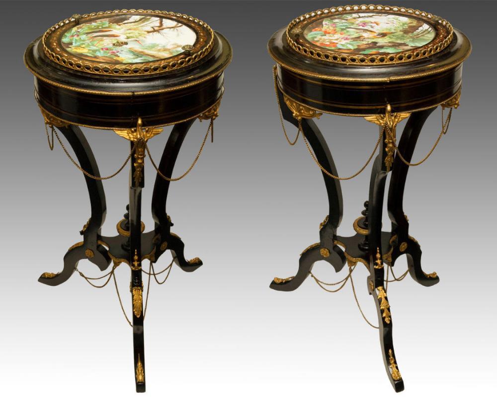 Pair French Napoleon III Ebonized Brass Mounted Jardinieres Gueridons