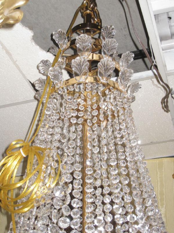 Antique French Louis XVI Style Beaded Crystal Gilt Brass Chandelier