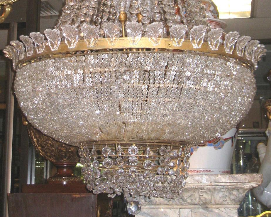 Antique French Louis XVI Style Beaded Crystal Gilt Brass Chandelier