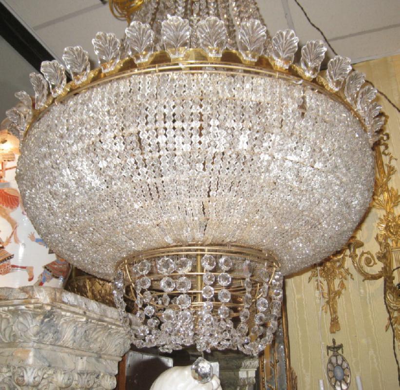 Antique French Louis XVI Style Beaded Crystal Gilt Brass Chandelier