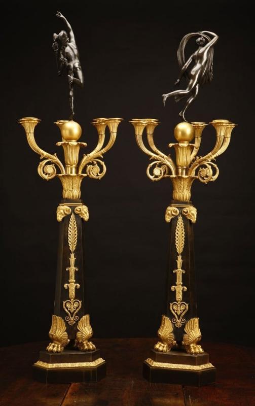Pair Antique French Empire Ormolu Bronze Candelabra After Giambologna