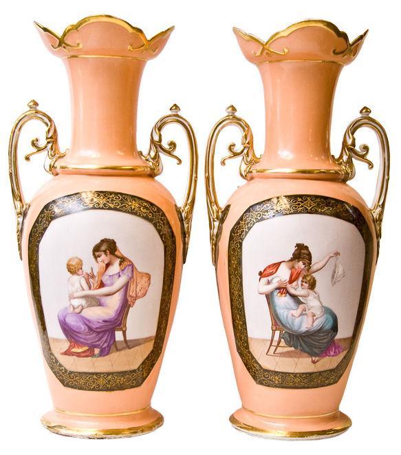 Pair Tall Antique French Paris Porcelain Neoclassical Vases