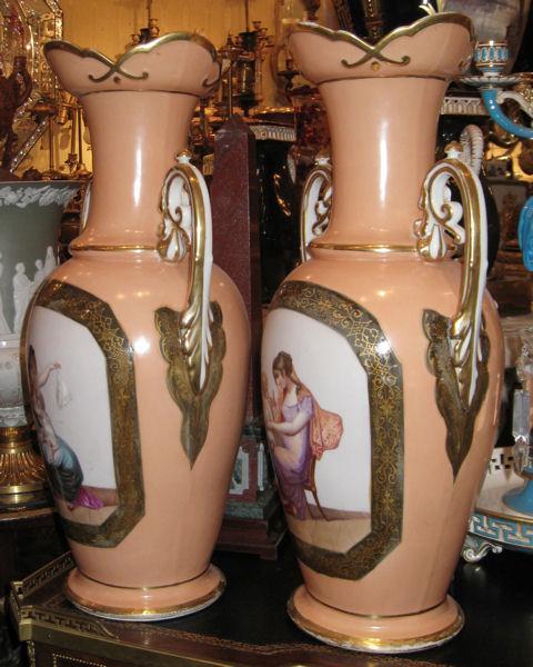 Pair Tall Antique French Paris Porcelain Neoclassical Vases