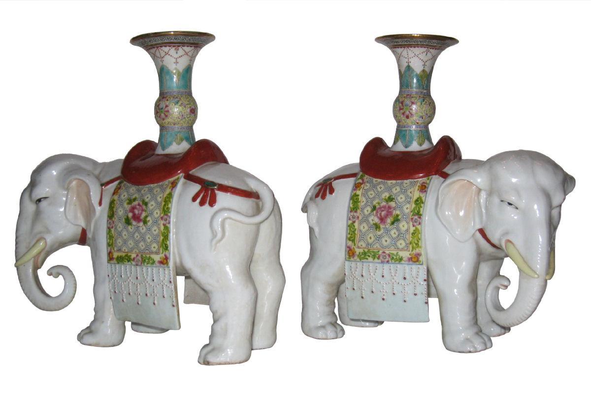 Pair Antique Chinese Elephant Joss Stick Holders / Candlesticks