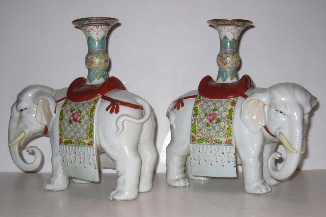 Pair Antique Chinese Elephant Joss Stick Holders / Candlesticks