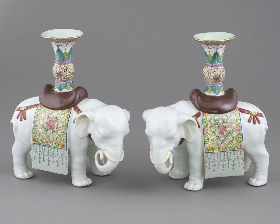 Pair Antique Chinese Elephant Joss Stick Holders / Candlesticks