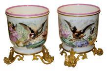 Pair Antique French Louis XV Style Ormolu Mounted Porcelain Cachepots Pots Vases