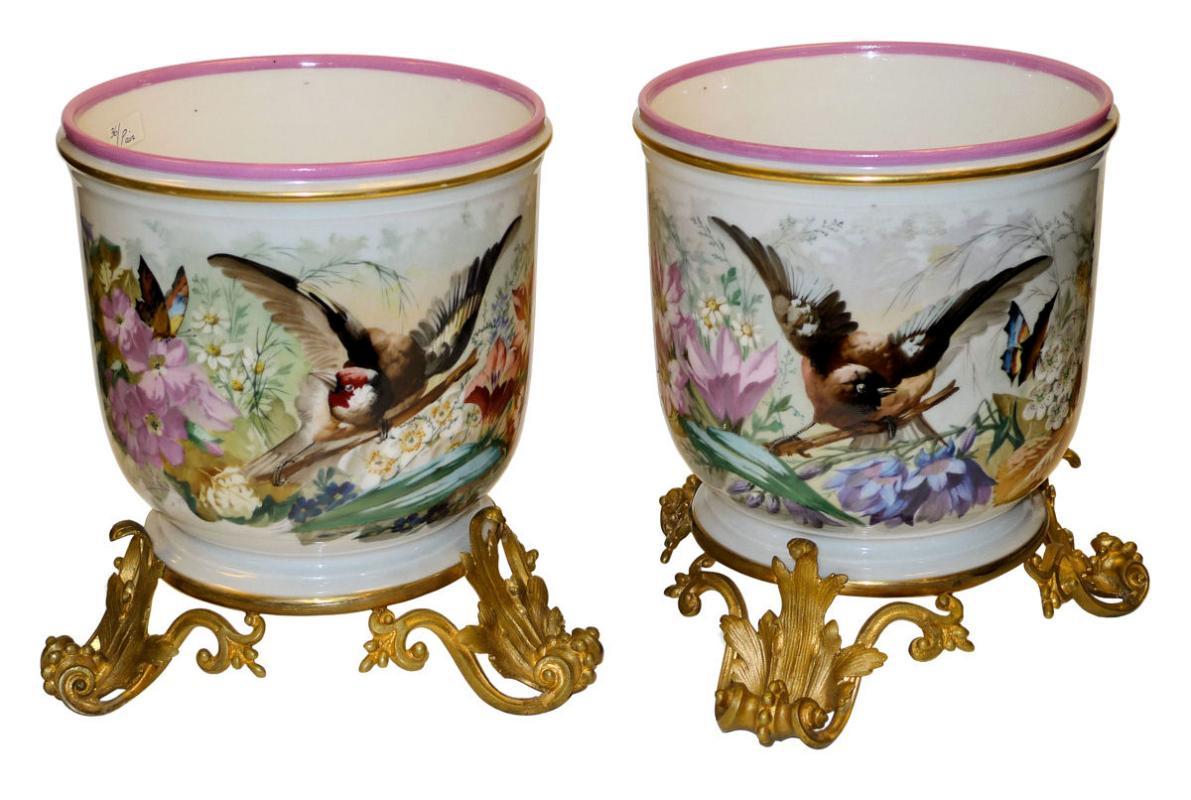 Pair Antique French Louis XV Style Ormolu Mounted Porcelain Cachepots Pots Vases