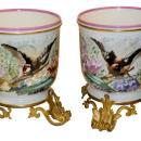 Pair Antique French Louis XV Style Ormolu Mounted Porcelain Cachepots Pots Vases