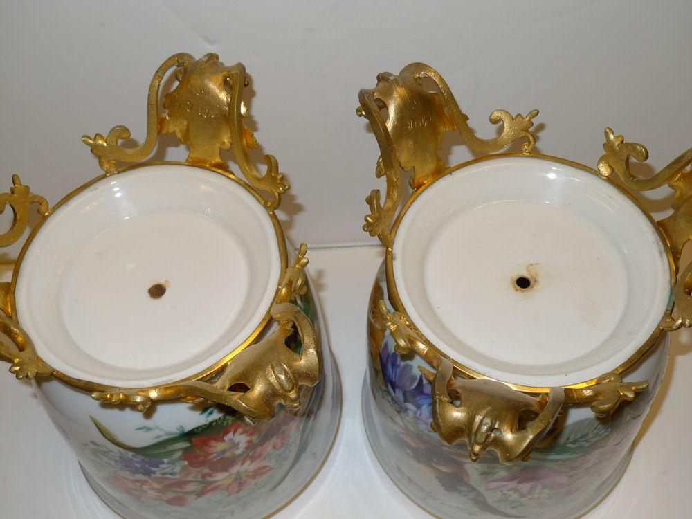 Pair Antique French Louis XV Style Ormolu Mounted Porcelain Cachepots Pots Vases