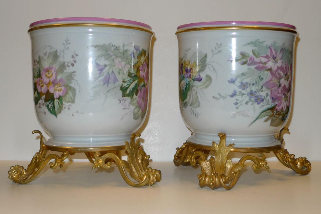 Pair Antique French Louis XV Style Ormolu Mounted Porcelain Cachepots Pots Vases