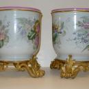 Pair Antique French Louis XV Style Ormolu Mounted Porcelain Cachepots Pots Vases
