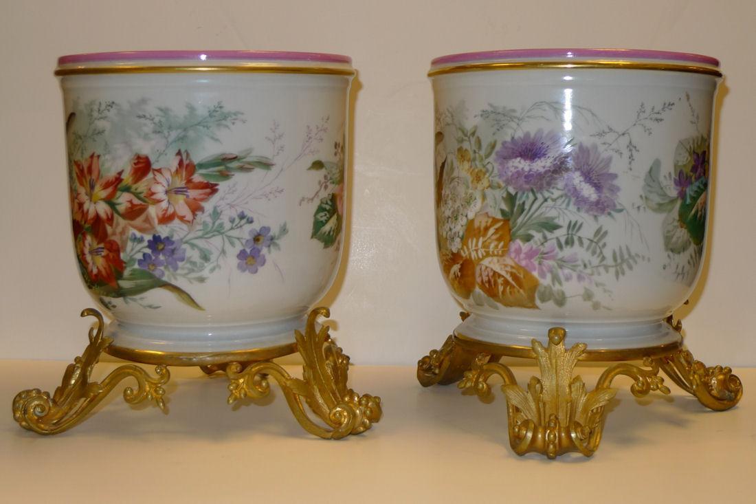 Pair Antique French Louis XV Style Ormolu Mounted Porcelain Cachepots Pots Vases