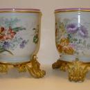 Pair Antique French Louis XV Style Ormolu Mounted Porcelain Cachepots Pots Vases