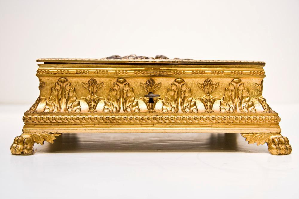 Antique Romantic French Gilt Bronze Jewelry Casket Dresser Box