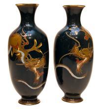 Pair Antique Japanese Cloisonne Enamel Dragon Vases