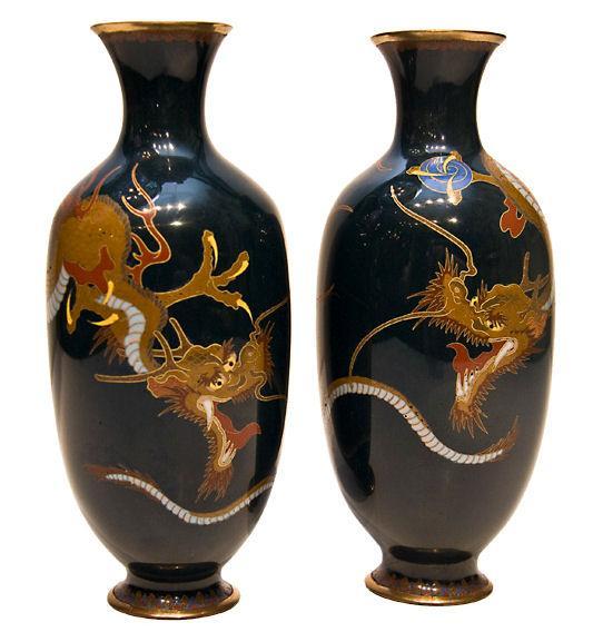 Pair Antique Japanese Cloisonne Enamel Dragon Vases