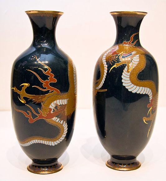 Pair Antique Japanese Cloisonne Enamel Dragon Vases