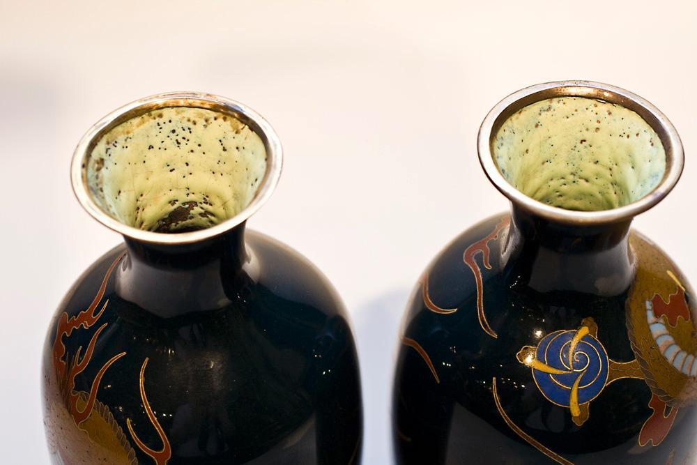 Pair Antique Japanese Cloisonne Enamel Dragon Vases