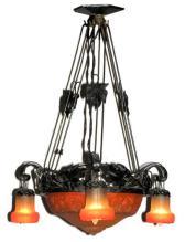 Antique French Art Deco Wrought Iron and Glass Chandelier
