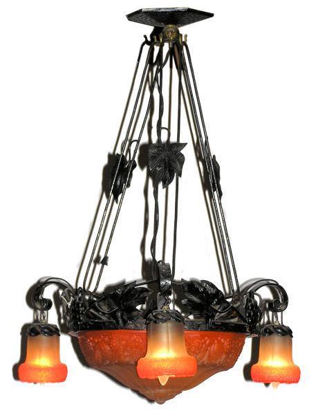 Antique French Art Deco Wrought Iron and Glass Chandelier