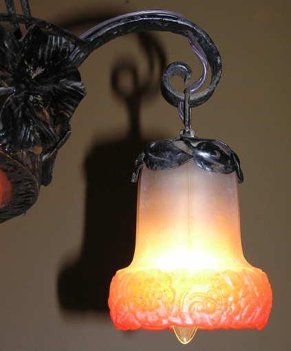 Antique French Art Deco Wrought Iron and Glass Chandelier