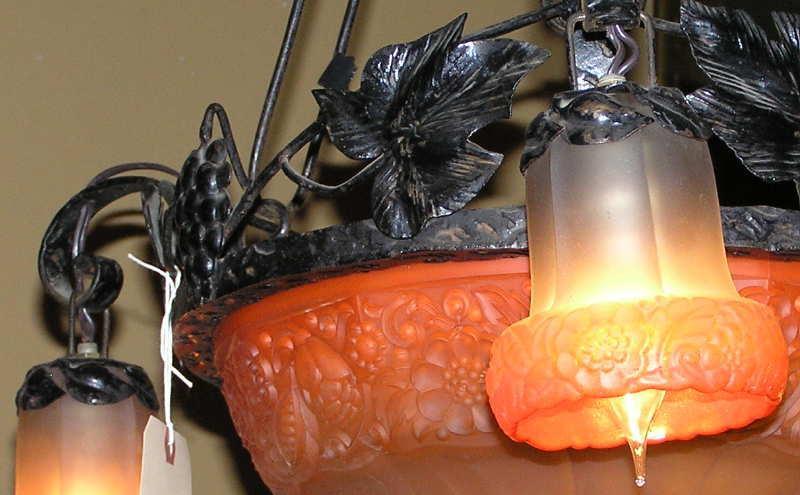 Antique French Art Deco Wrought Iron and Glass Chandelier